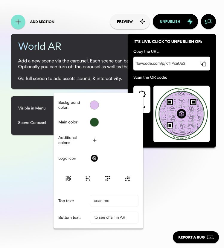 Flowcode QR inside the Geenee AR Builder